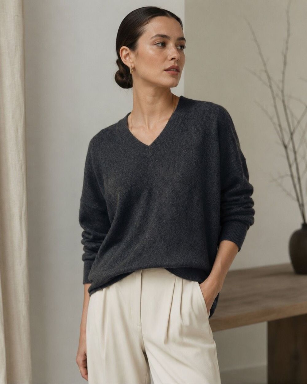 Naadam 100% Cashmere Charcoal V-Neck Sweater | Timeless Quiet Luxury, Med $298 A